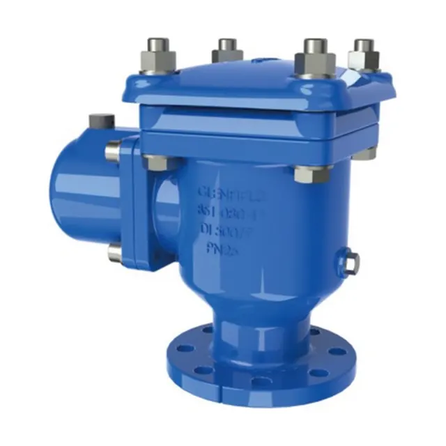 A blue flanged air release valve
