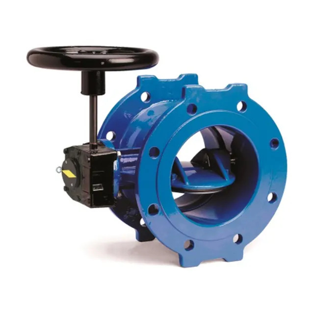 A blue double-flanged butterfly valve with a handwheel