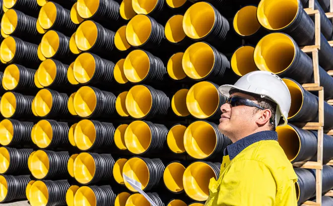 An engineer inspecting stacked yellow and black corrugated pipes