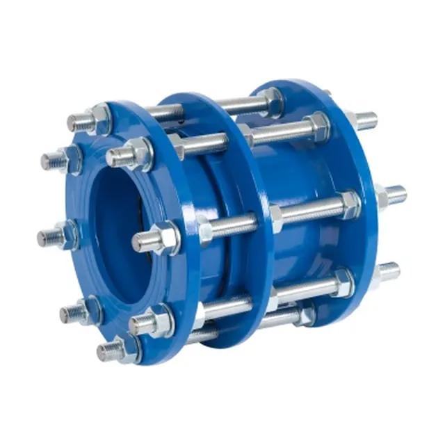 A blue double-flanged dismantling joint with its bolts