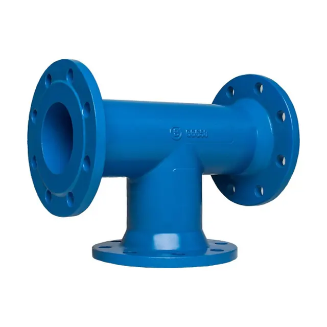 A blue double-flanged ductile iron tee
