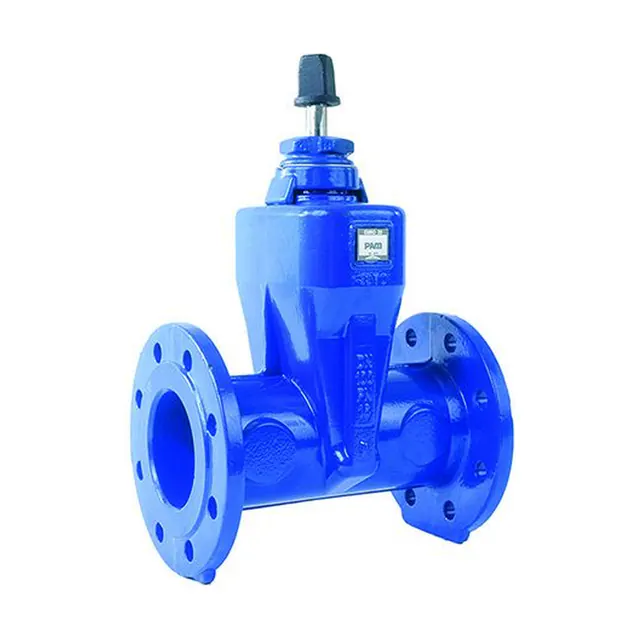 A blue double-flanged gate valve